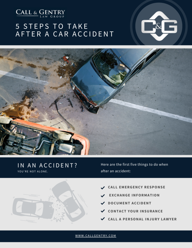 Infographic showing the 5 steps to take after a car accident in Columbia, MO